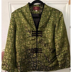 Asian-Inspired Green Satin Jacket With Gold Calligraphy Print Frog Button Closur